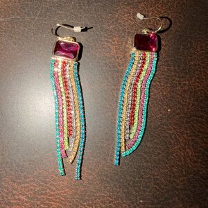 Gold-Tone Multi-Color Fringe Earrings with Pink Gemstone